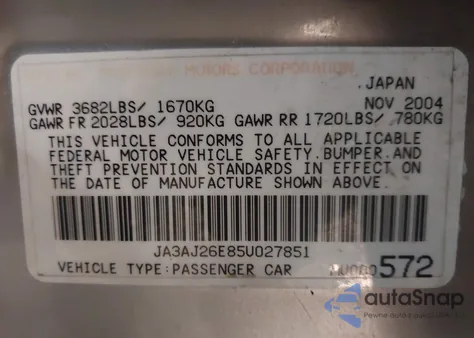 2005 Mitsubishi Lancer Es from USA, damaged, VIN JA3AJ26E85U027851